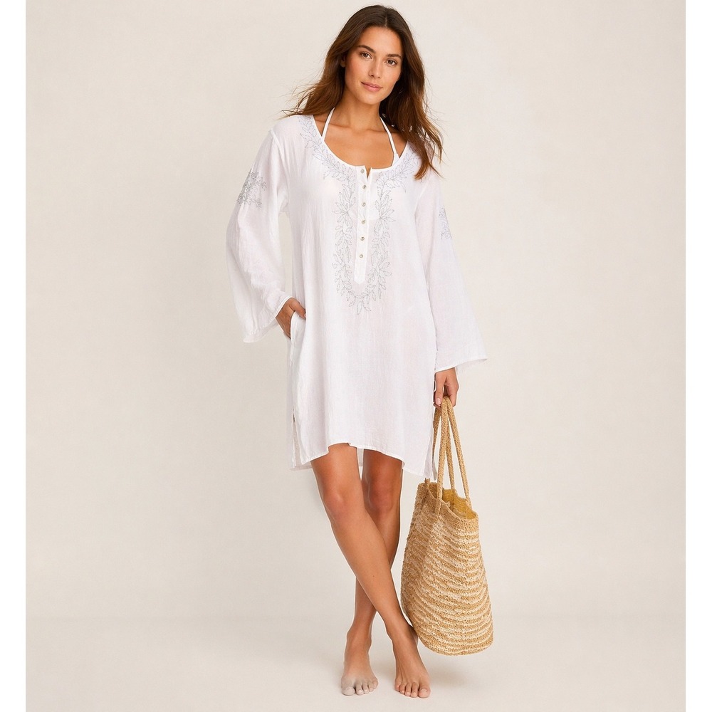 J.Crew Tunic Cover Up Women XL White Embroidered Cotton Dress Resort Beach